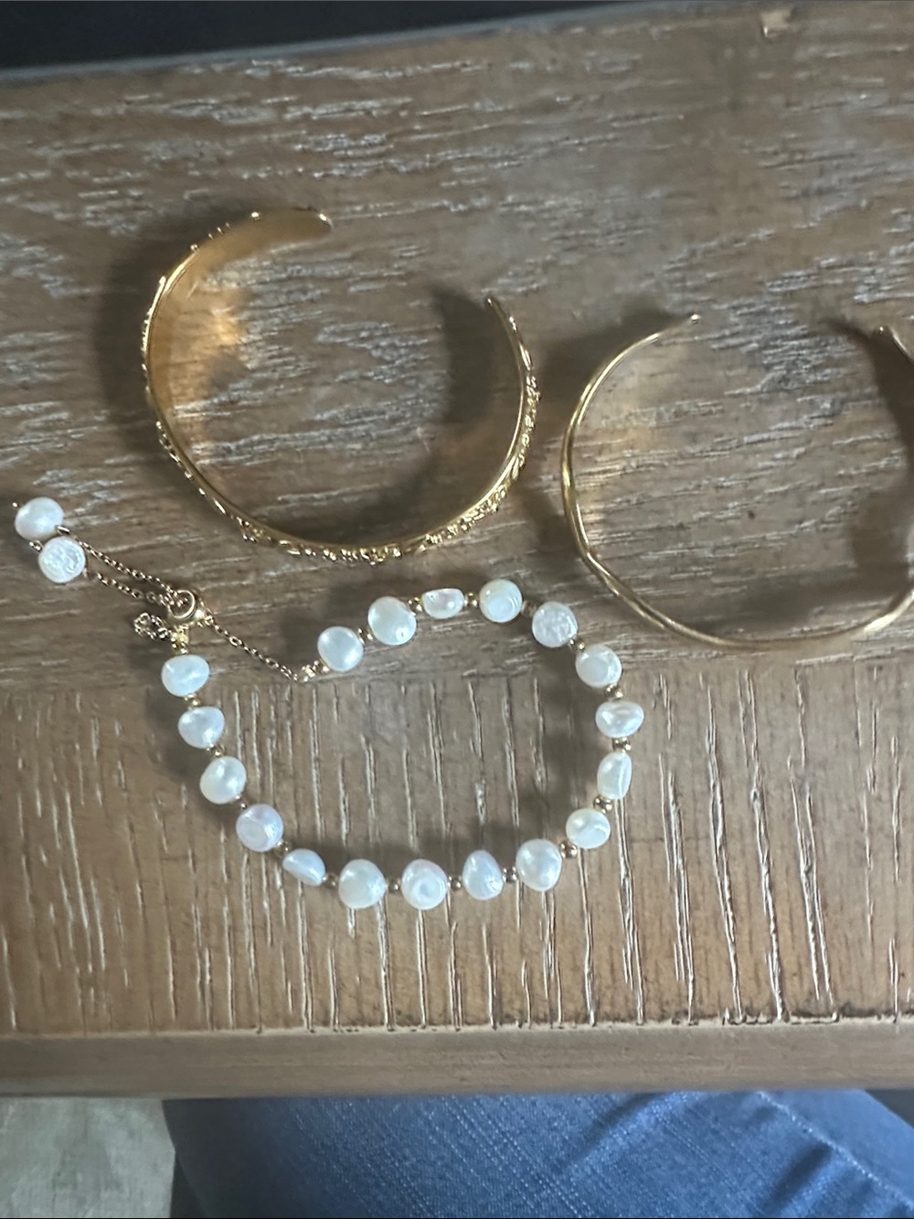 Stackable bracelet lot - Elegant Floral Textured Bangle, pearl and wavy cuff.
